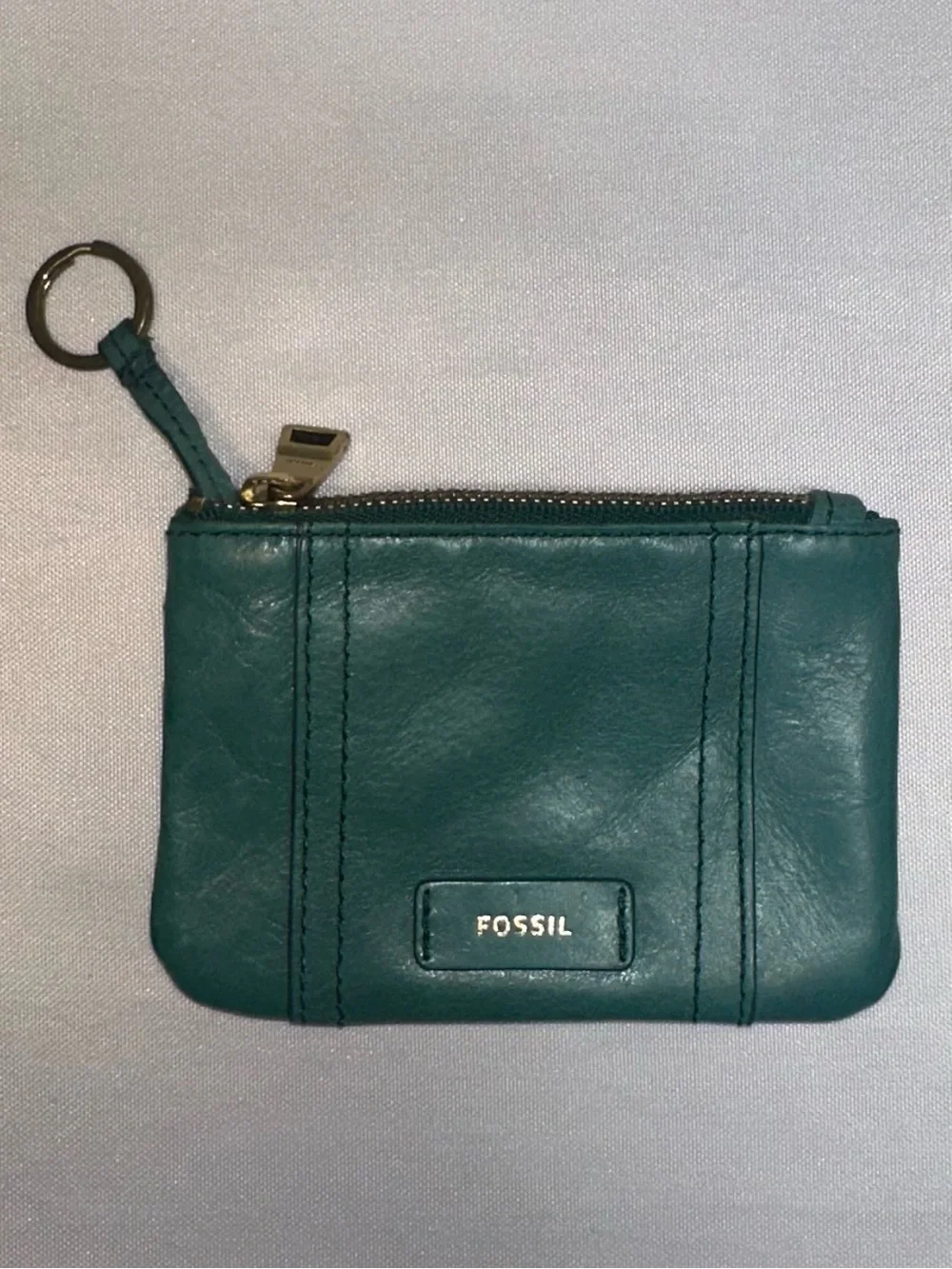 Fossil Green Leather Mini Zip Wallet Key Ring ID Window Card Case Pouch⁠